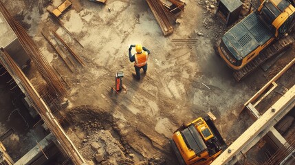 Obraz premium A civil engineer using a laser distance meter for precise measurements on a construction site, surrounded by building materials and heavy equipment.
