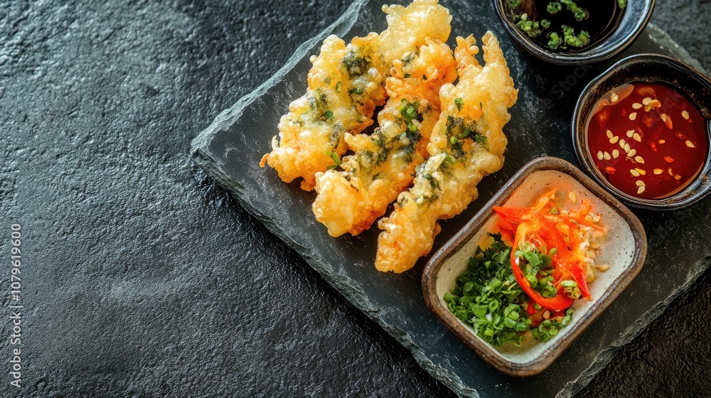 Poster golden tempura served with dipping sauces on a rectangular stone plate creating an appealing present