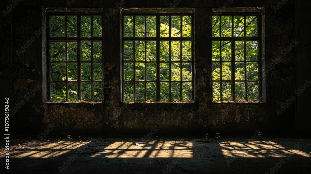 Poster dark window shadows of an abandoned structure a high contrast image that evokes mystery and suspense