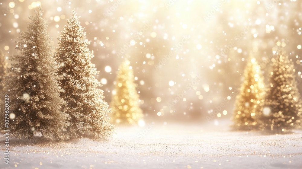 Aufkleber golden themed christmas and new year backdrop featuring decorated trees with sparkles in a snowy for