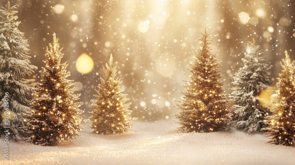 Aufkleber golden themed christmas and new year backdrop featuring decorated trees with sparkles in a snowy for