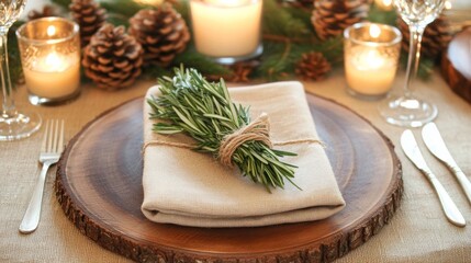 A wooden charger sits atop a rustic linen tablecloth with a folded napkin tied with twine and a sprig of rosemary.