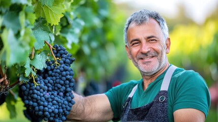 Italian man inspecting grapes in vineyard during harvest season outdoor landscape close-up view for vine management