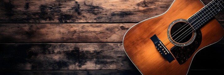 Obraz premium Close up of acoustic guitar on wood background