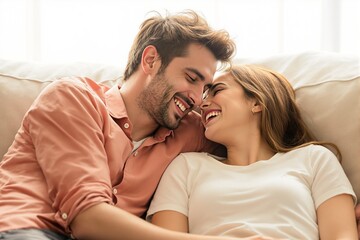 Joyful Couple in Intimate Embrace on Couch