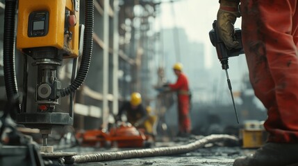 Fototapeta premium Close-up of a civil engineer adjusting equipment on a construction site, with workers using various power tools like drills and saws in the background.