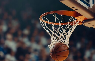 Basketball going through net with blurred crowd in the background.
