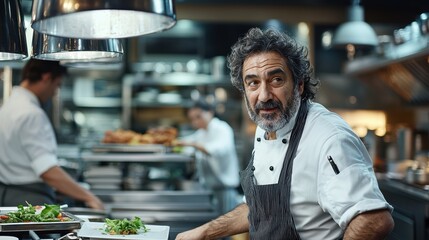 Chef discussing daily specials in restaurant kitchen culinary scene professional environment engaging viewpoint