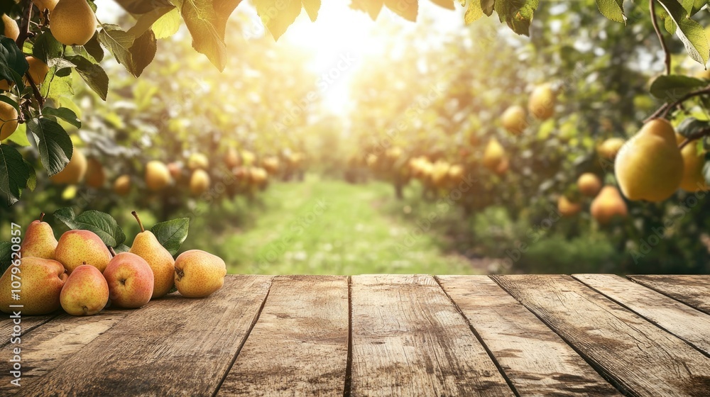 Aufkleber empty rustic wooden table with ripe fruits surrounded by an orchard of pear trees in the background 