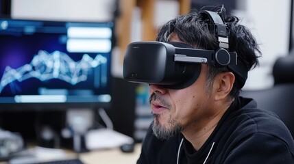 Japanese man reviewing virtual reality innovations in tech hub office environment from close-up perspective