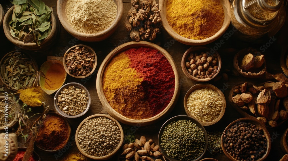 Poster an array of spices is spread across a table captured from a bird s eye perspective