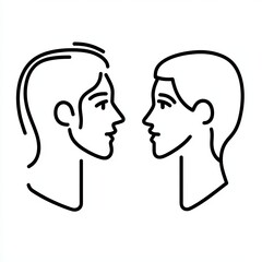 Two figures face each other in dialogue, their features outlined in black on a white background, emphasizing simplicity in communication