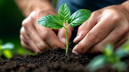 Close up photograph of a person s hands gently planting a young seedling in nutrient rich fertile soil representing the concept of fresh starts growth and new beginnings