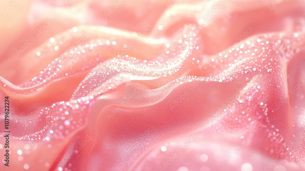 Poster pink texture featuring shimmering threads and droplets evoking concepts of softness brilliance and e