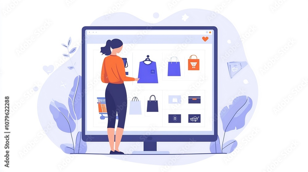Poster attractive young female customer browsing and selecting various products on an interactive and user 