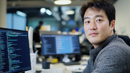 South korean man managing tech startup modern office professional portrait collaborative environment close-up innovation