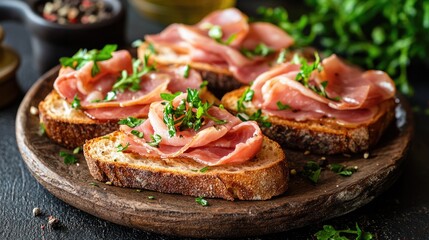 Artisanal open faced ham sandwiches served on a rustic plate