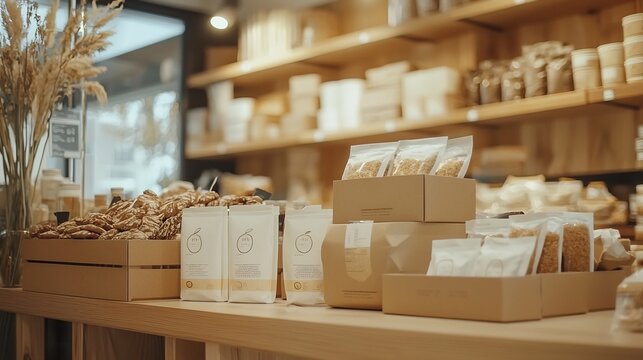 Biodegradable packaging and eco friendly products on display shelves in a sustainable grocery store promoting healthy and environmentally conscious food choices for consumers