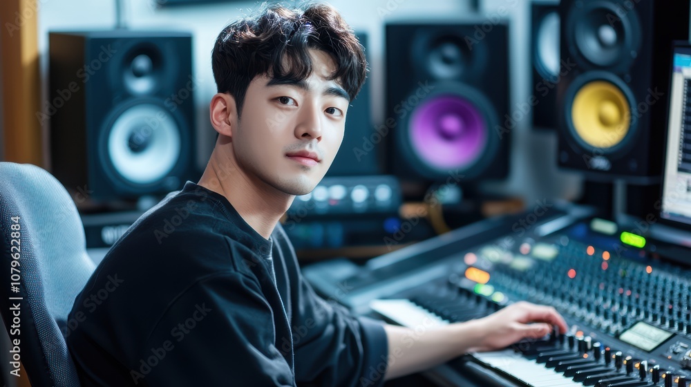 Poster sound engineer creating music tracks in a south korean studio setting digital workspace professional