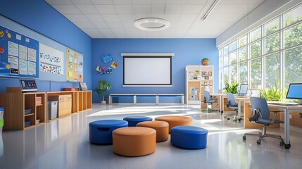 Bright and spacious hybrid learning classroom interior with virtual projection screen comfortable furniture and natural lighting   an ideal setup for collaborative education training sessions