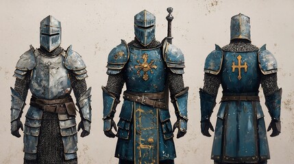 Naklejka premium Detailed Fantasy Armor and Weapon Designs for Medieval Knight Character from Concept Art for a Video Game of Heavy Protective Gear and Armaments with Heraldic Emblems and Ancient Aesthetic