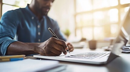 Businessman sitting at desk in home office writing in notebook reflecting on thoughts and ideas for work productivity mental wellness practice and self improvement - obrazy, fototapety, plakaty