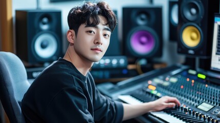 Sound engineer creating music tracks in a south korean studio setting digital workspace professional environment