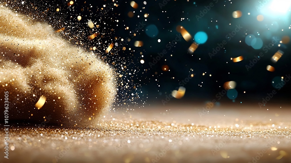 Poster captivating golden dust cloud in dramatic and celebratory scene with sparkling particles catching th