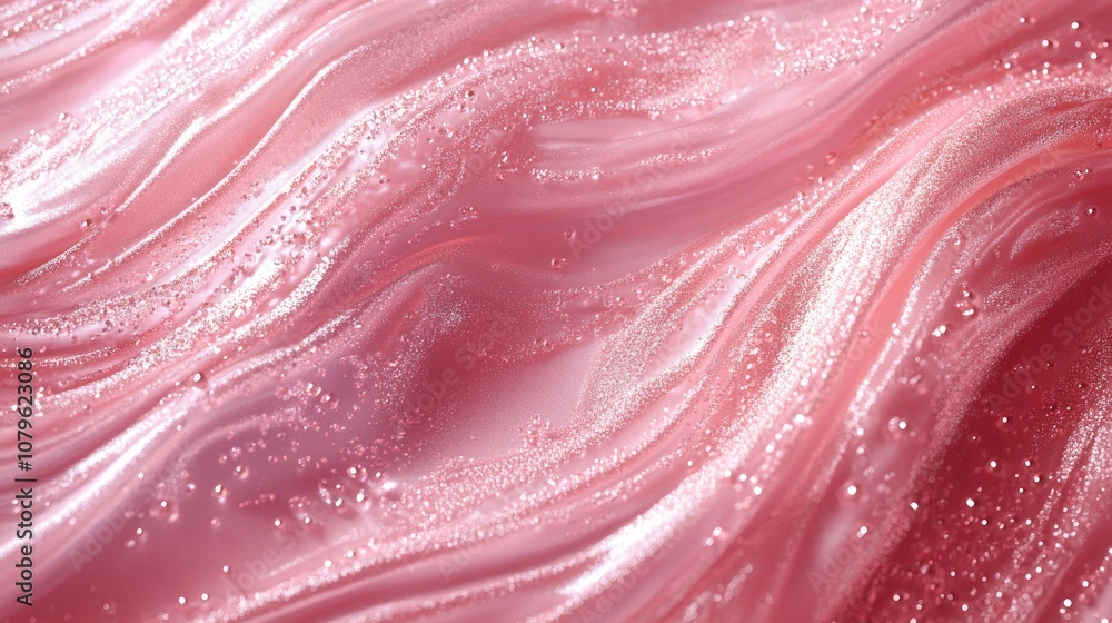 Poster pink texture featuring shimmering threads and droplets evoking concepts of softness brilliance and e