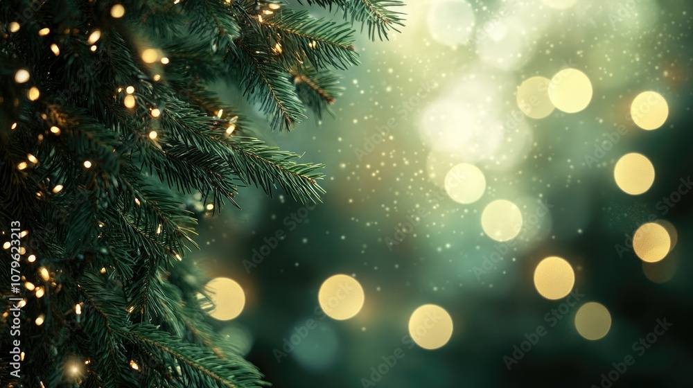Poster festive backdrop featuring green fir tree branches adorned with bokeh lights
