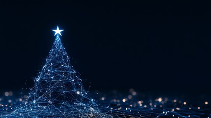 Futuristic Christmas Tree Made of Digital Lines and Lights Against a Dark Background