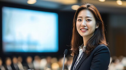 South korean woman presenting at international business conference seoul presentation indoor professional empowerment
