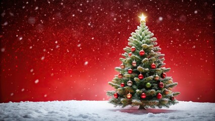 Christmas background with a Christmas tree in a snowy scene with a red background high angle view