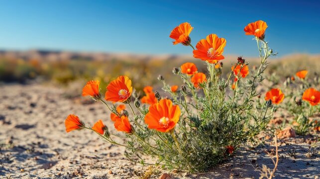 Vibrant globemallow blossoms with orange petals in a sandy desert landscape under bright sunlight showcasing striking color contrasts
