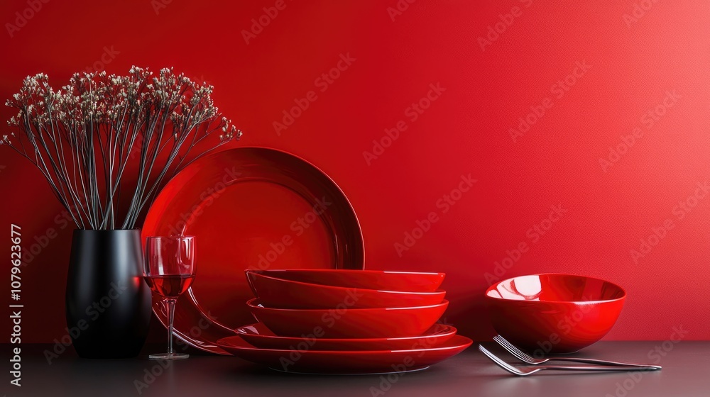 Poster sophisticated red dishware on a table featuring an elegant backdrop and cutlery creating an empty di