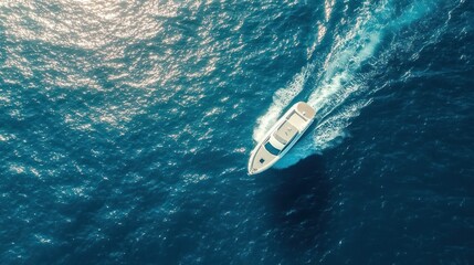 Obraz premium Aerial view of a boat cruising over deep blue ocean waters, showcasing leisure and travel.