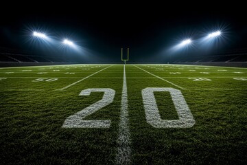 A low angle view of a football field at night with bright spotlights.