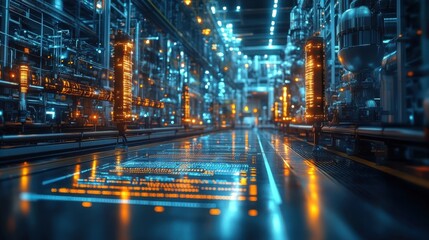 Obraz premium Futuristic industrial facility with glowing machinery and pathways.