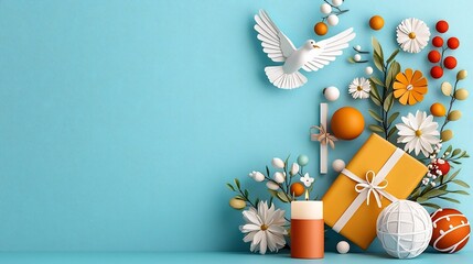 Flat design of various Christian holiday symbols including a cross Bible dove and candles arranged on a pastel background for a simple reverent look