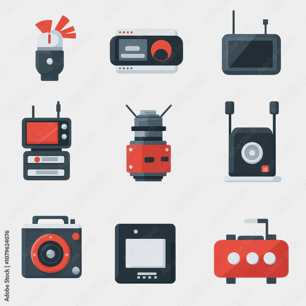 Poster modern icons of vintage and contemporary electronics in a grid layout, showcasing communication and 