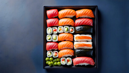 The  sushi pieces arranged in a food tray to form the Japanese flag , decorated with elements reflecting Japanese culture, like subtle cherry blossoms, traditional Japanese patterns