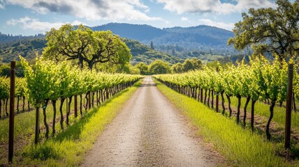 Fototapeta premium An empty pathway runs through rows of vineyard vines and trees in a scenic rural landscape