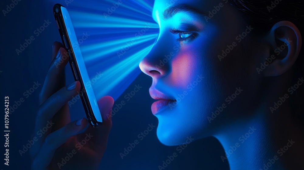 Poster close up portrait of a person s face using facial recognition technology on a smartphone device to u