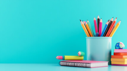 Fototapeta premium Colorful Stationery Items on a Bright Blue Background with Pencils, Notebooks, and Creative Accessories for Educational or Artistic Themes