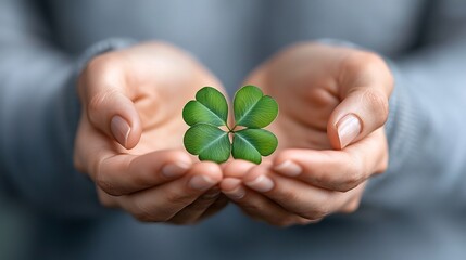 Close up shot of a person s hands cupping and holding a vibrant green four leaf clover against a blurred natural background symbolizing hope luck and appreciation for the environment