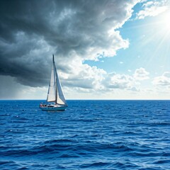 Fototapeta premium Sailing Ship on Blue Ocean Under Bright Sky with Shining Sun