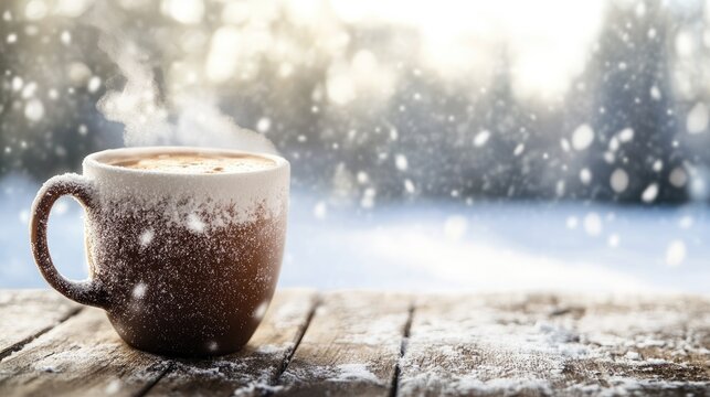 Steaming mug of hot cocoa placed on a rustic wooden table with a backdrop of snowy scenery