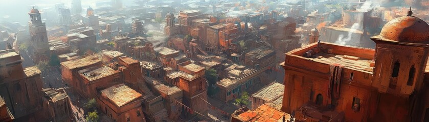 Obraz premium A rooftop view of an ancient city, with clay rooftops and narrow alleys