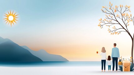 Fototapeta premium Flat showcasing a peaceful sunset beach where a group of people have gathered together to light candles and enjoy the serene harmonious environment and coastal scenery