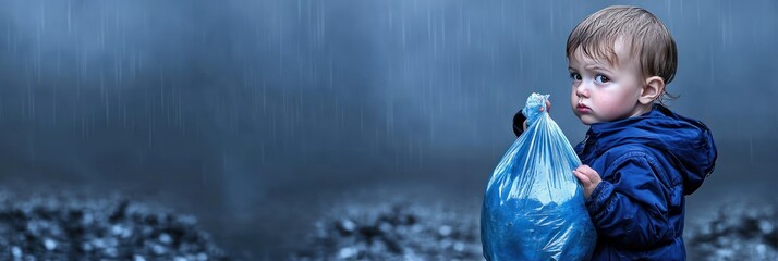 A child holding a plastic bag in a rainy, somber environment.